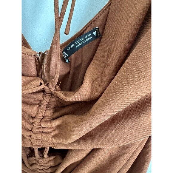 Zara Brown Womens XXL Mini Dress Ruched Draped Textured Strappy Halterneck - Picture 3 of 7